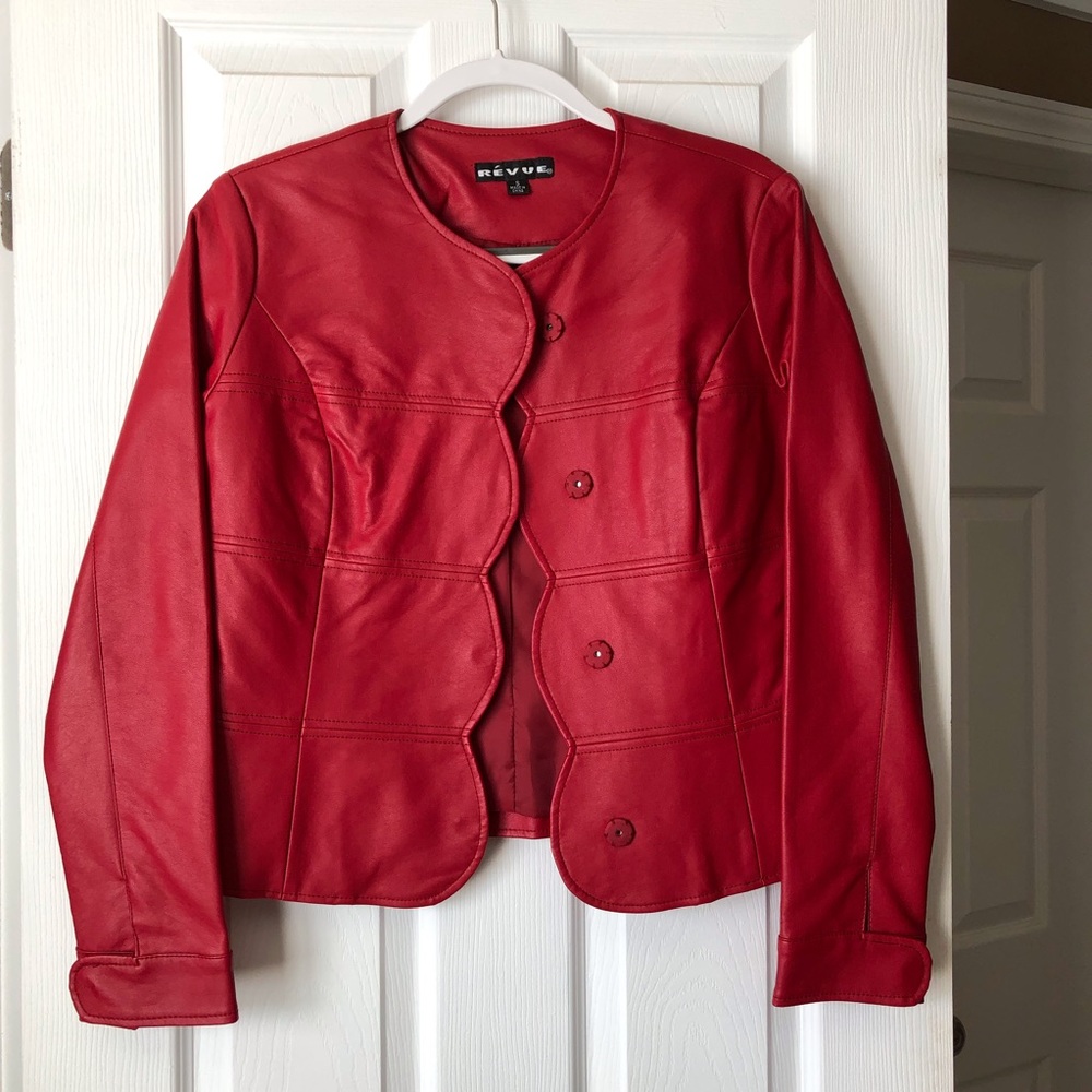 Red faux leather blazer.